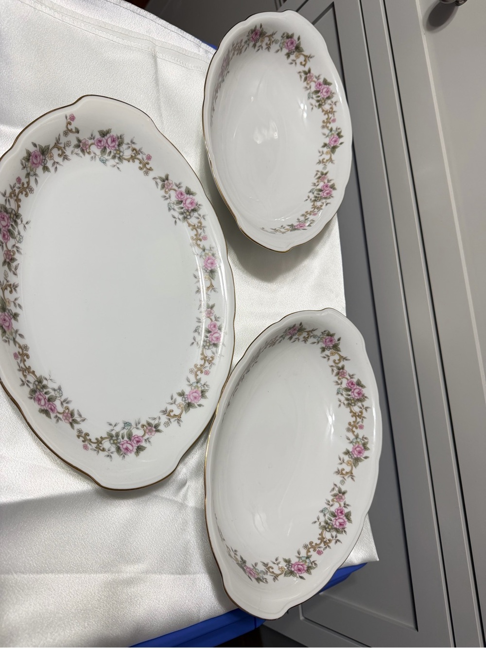 Vintage Symco China Colette 3 Pc Serving Platter Set Pink Roses Japan 12/44